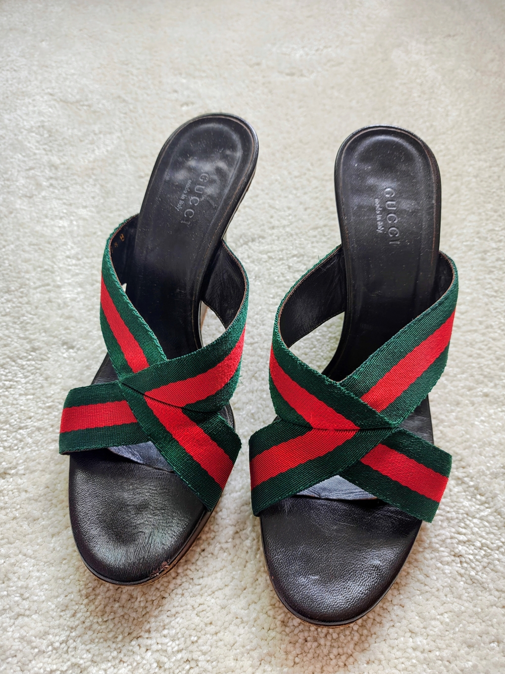 Gucci Black Leather Slides with Green and Red Web Straps